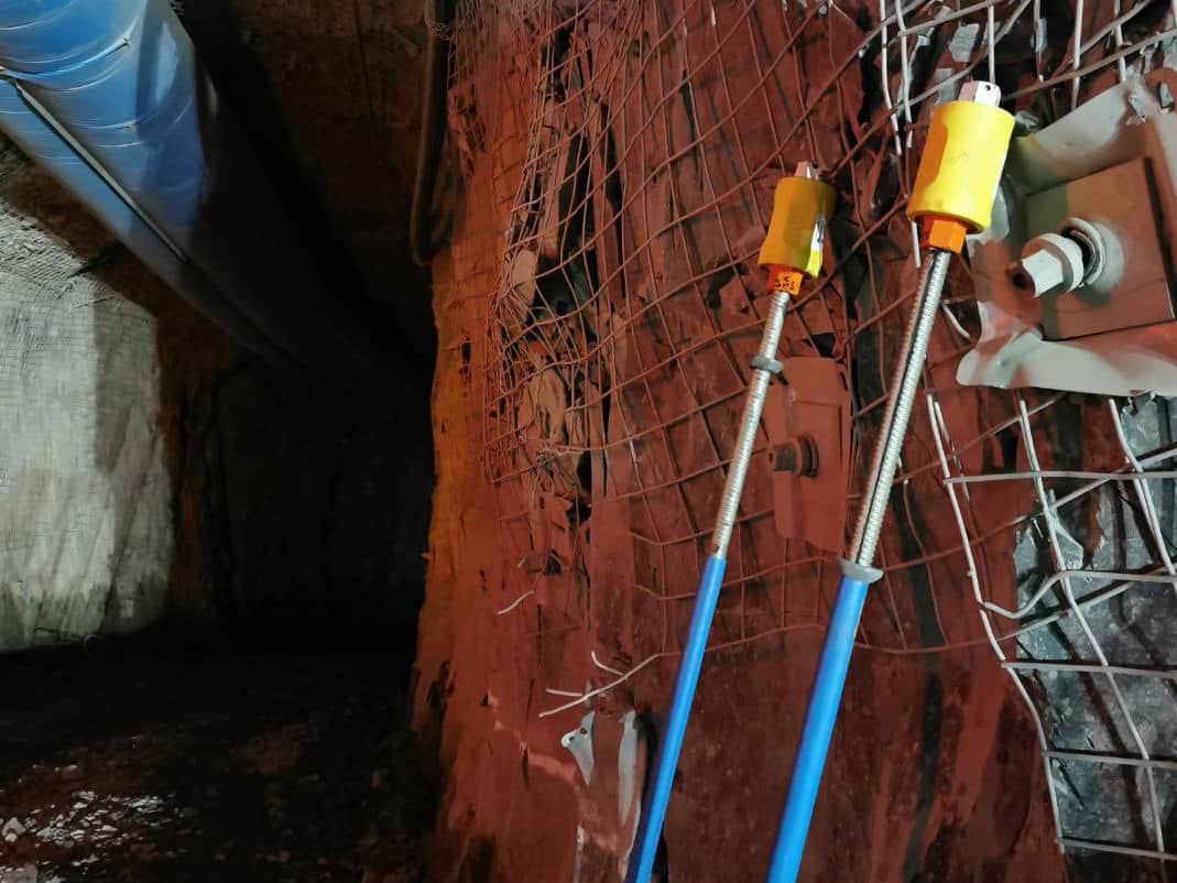 Figure 5: RBM-VX mounted on a rock bolt before test installation in an underground mine environment.