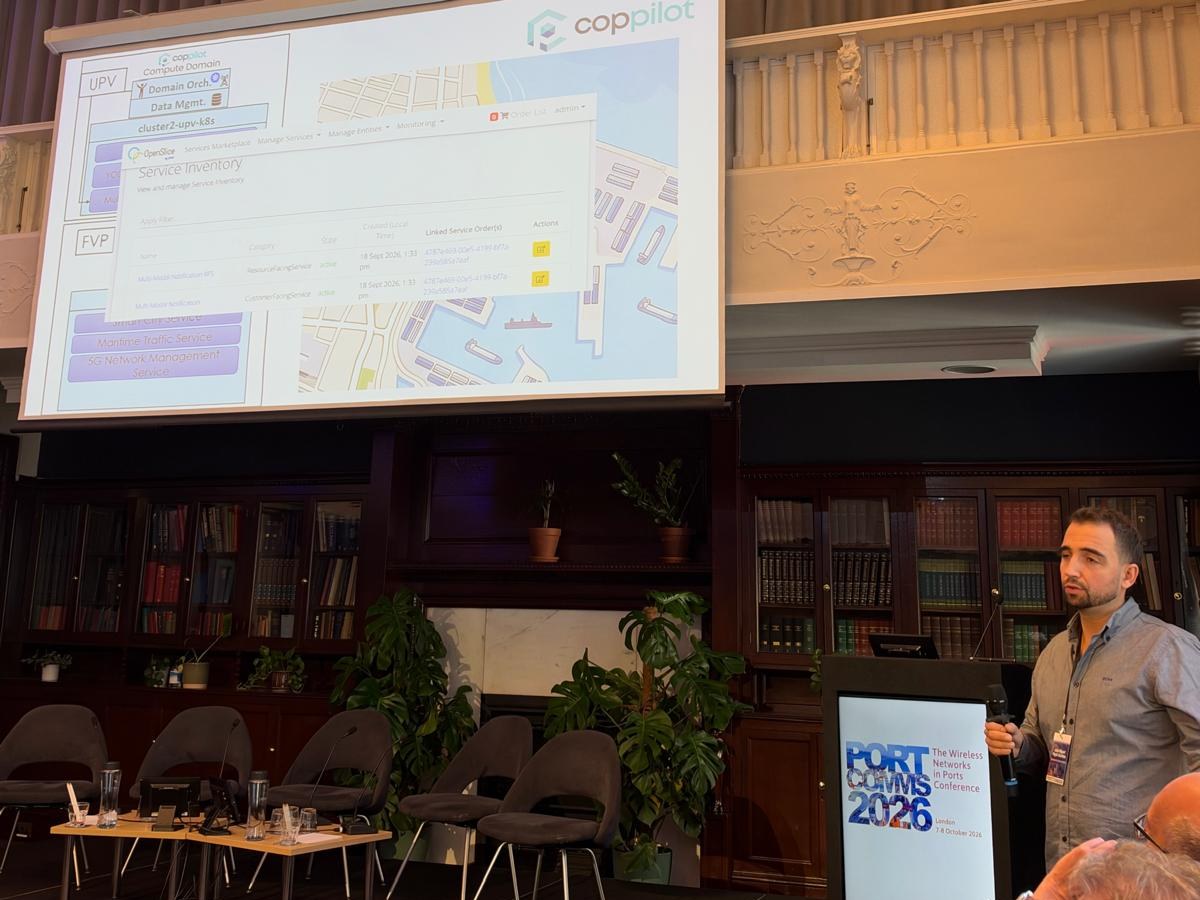 Jose Miguel Higon of Fundacion Valenciaport presenting COP-PILOT Cluster 2 at PORTCOMMS 2026, London