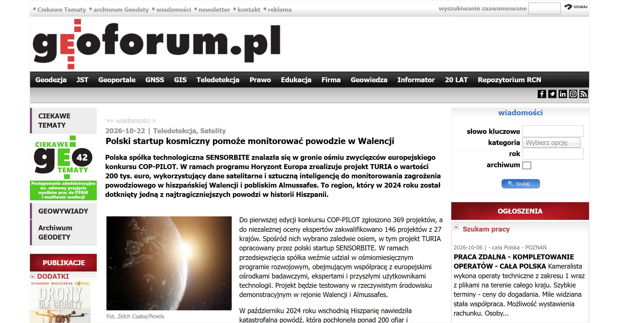 Geoforum.pl article: Polski startup kosmiczny pomoże monitorować powodzie w Walencji