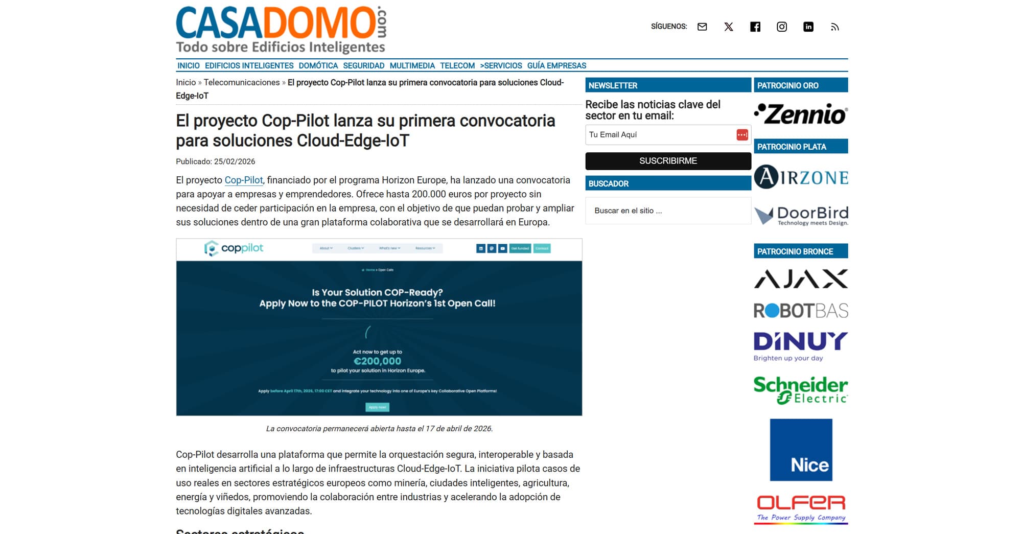El proyecto Cop-Pilot lanza su primera convocatoria para soluciones Cloud-Edge-IoT